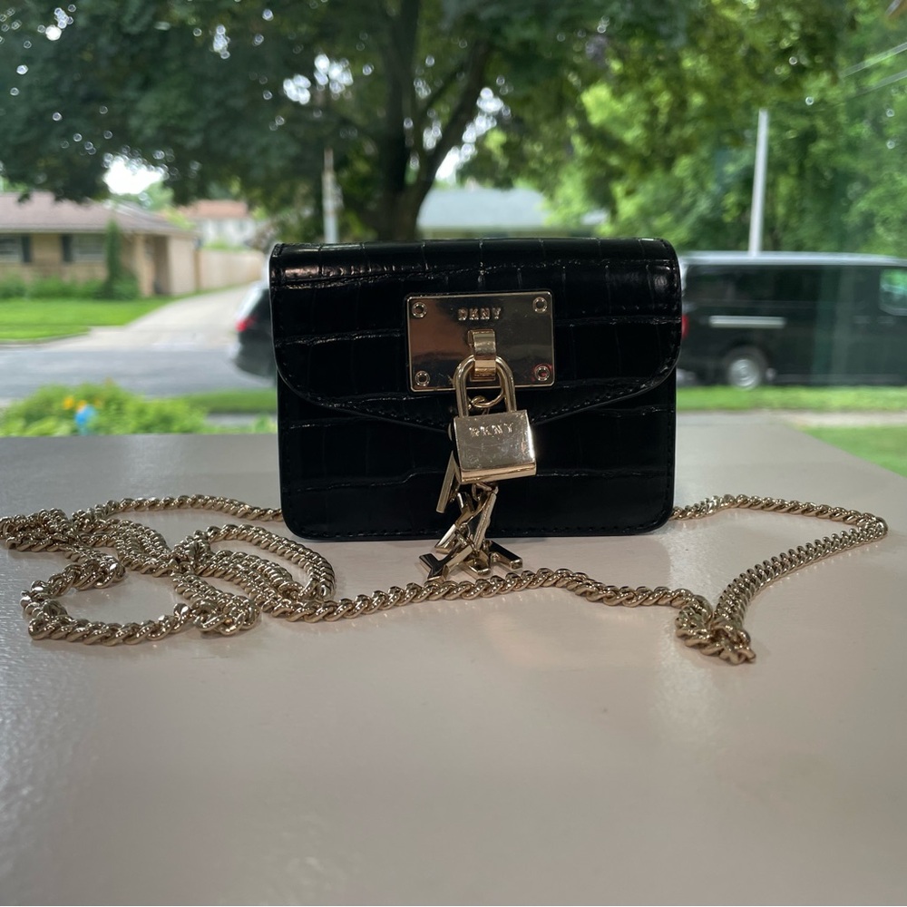 DKNY Mini Crossbody Bag | Black Croc Faux Leather w/ Gold Lock & Chain